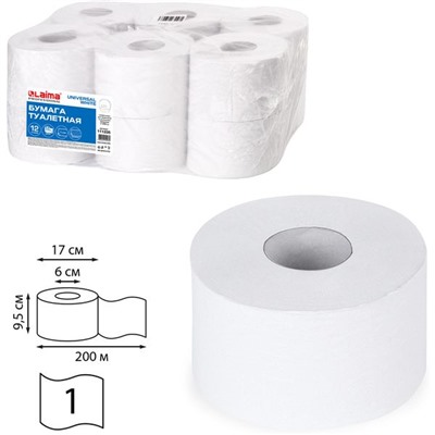 Бумага туалетная LAIMA Universal White, 200 м* 95 мм, 1-сл., белая, тиснение, рулон со втулкой