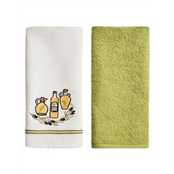 Набор кухонных полотенец вафельное полотно + махра 2 шт. / Белый, зеленый оливки (maxi)