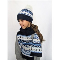 Комплект зимний для девочки шапка+шарф Снежана (Цвет синий), размер 54-56, шерсть 70%