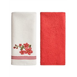 Набор кухонных полотенец вафельное полотно + махра 2 шт. / Белый, красный цветок (maxi)